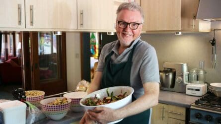 Chef Robin with his Butternut Squash recipe in Hospice kitchen