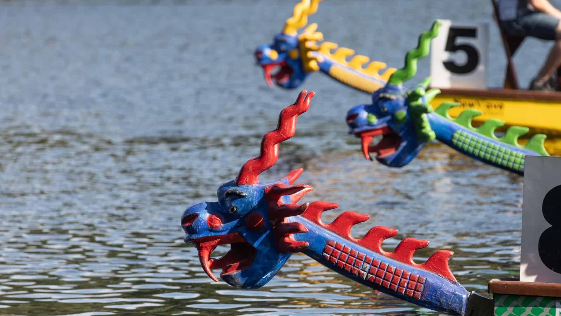 Dragon heads on dragon boats in water.