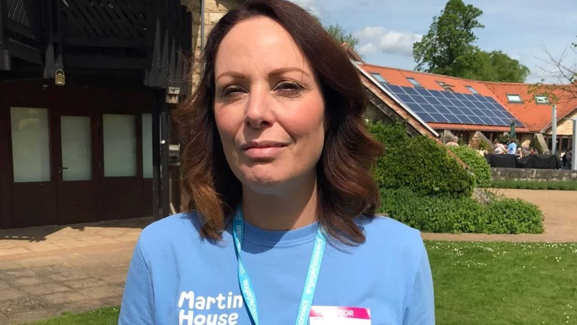 Sarah Bradbury outside Martin House in blue Martin House t-shirt.