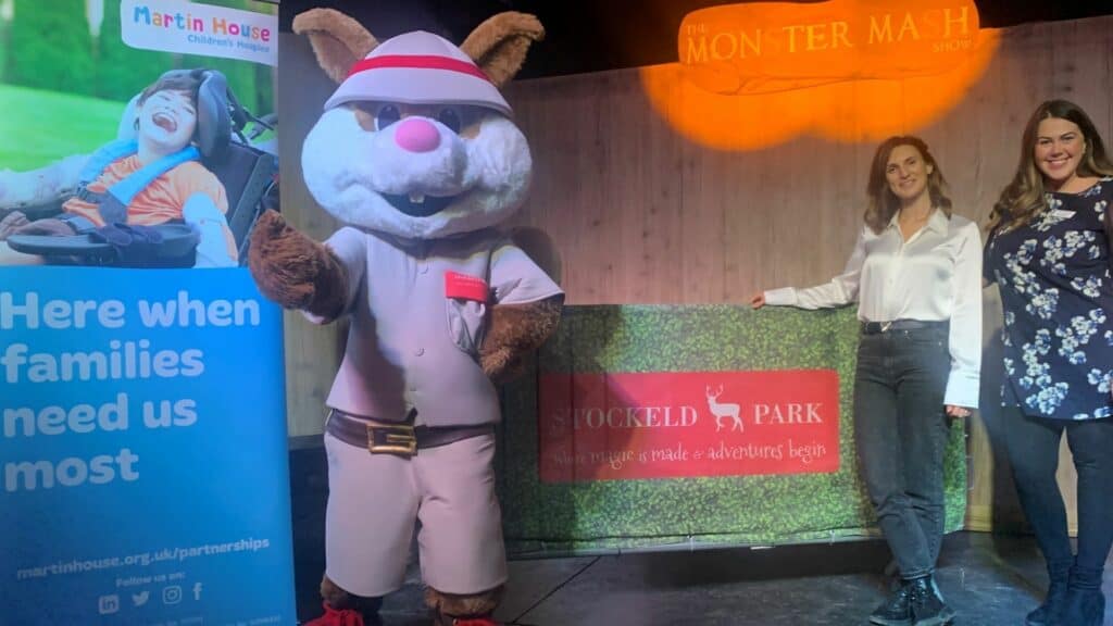 Celeste Oldfield, marketing and communications manager at Stockeld Park (left) and Lizzie Philpott, partnerships manager at Martin House, with the Stockeld mascot.