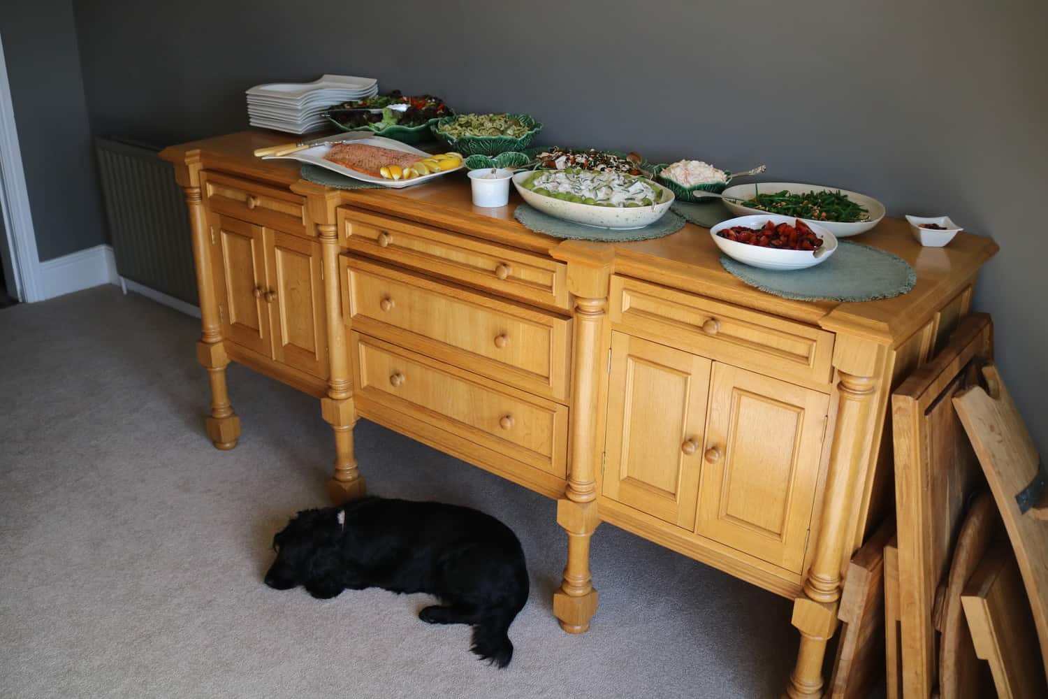 Dog lying down on carpet with table of food in the background